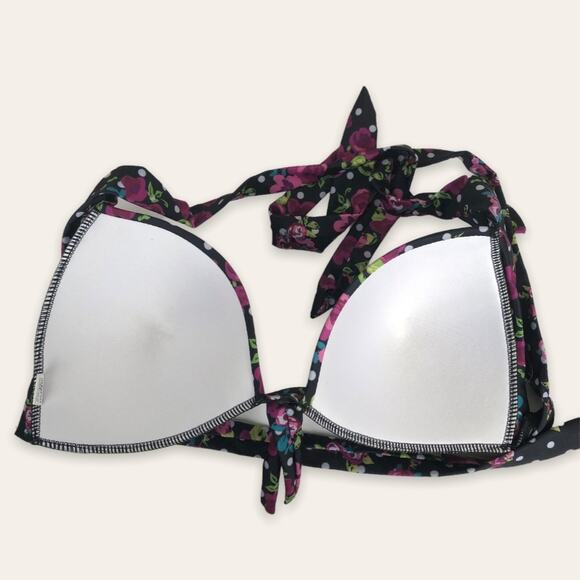 Black Polka Dot Multicolor Floral Swim Bikini Halter Tie Top Plus Size XXXXL - Picture 5 of 5